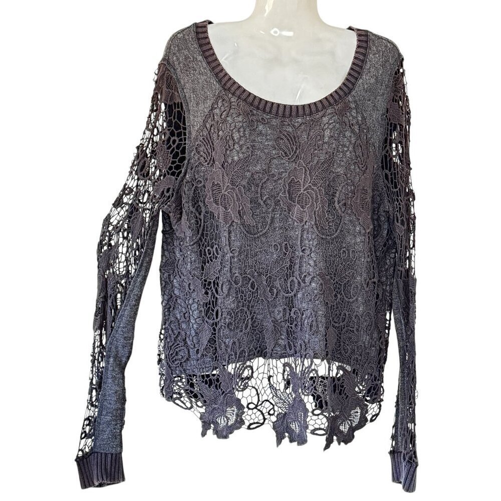Free People Pretty Rad Sweater Graphite Black Round Neck Crochet Lace Goth Med - Picture 4 of 15